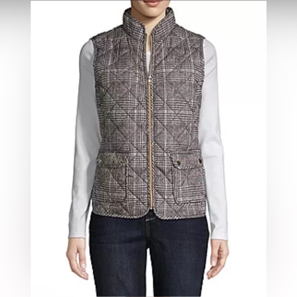St. John’s Bay Women’s Brown Plaid Quilted Vest XL Petite, Gold Hardware,